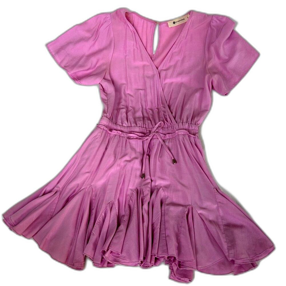 The Impeccable Pig Pink Ruffle Godet Flutter Sleeve Mini Dress Romper